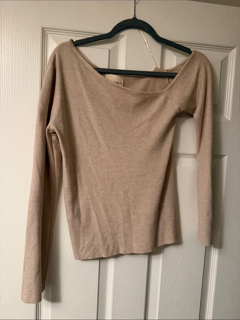 Off-the-Shoulder Long Sleeve Sweater in Light Taupe